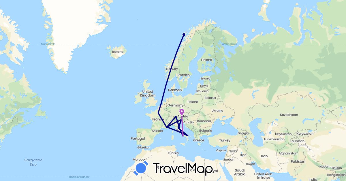 TravelMap itinerary: driving, train in Austria, Belgium, Germany, France, Italy, Norway (Europe)